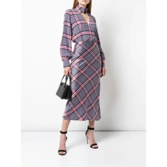 Fleur Du Mal Tanzanite Sz 4 check Midi Slip Skirt With Side Slit Silk New 8304 - Picture 2 of 14